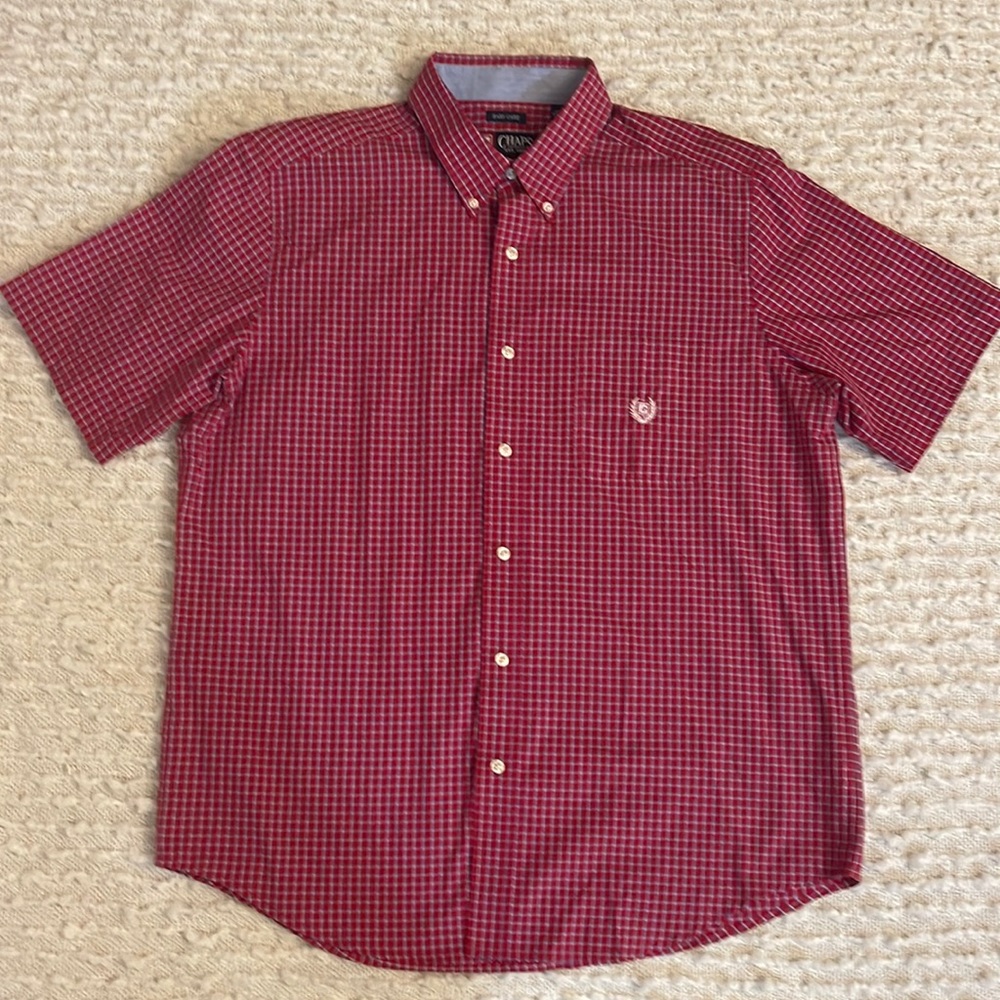 ❤️ CHAPS Red casual button down shirt with white and blue square pattern, large
